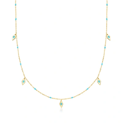 Ross-simons Italian Turquoise Enamel Geometric Station Necklace In 14kt Yellow Gold In Blue