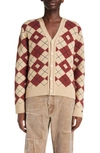 Acne Studios Jacquard Wool Blend Cardigan In Biscuit Beige/ Deep Red