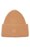 Acne Studios Pansy Face Patch Rib Wool Beanie In Biscuit Beige