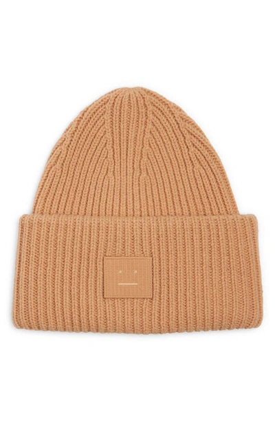 Acne Studios Pansy Face Patch Rib Wool Beanie In Biscuit Beige