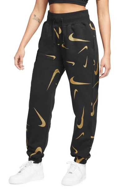 Nike Women's  Sportswear High-waisted Fleece Printed Jogger Pants In Black