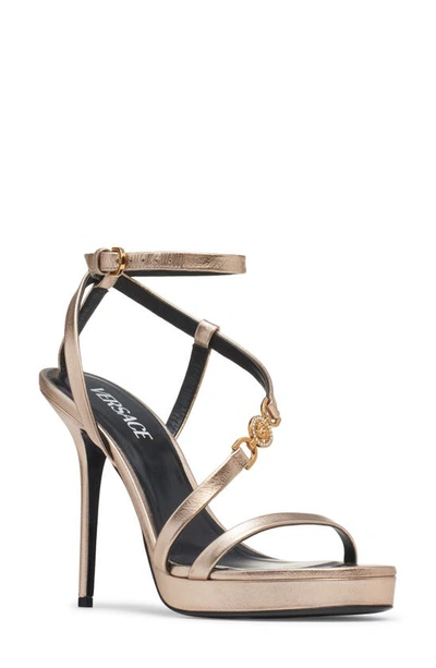 Versace Crystal Medusa 110mm Leather Sandals In Champagne/gold