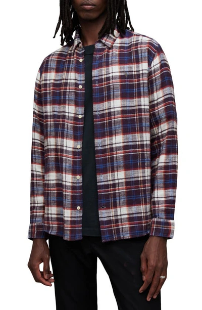Allsaints Lakeshore Flannel Checked Ramskull Shirt In Sage Purple