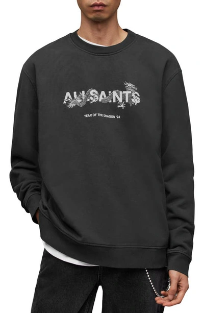 Allsaints Chiao Graphic Print Relaxed Crew Sweatshirt In Jet Black