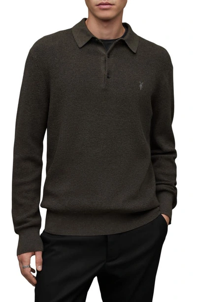 Allsaints Aspen Long Sleeve Waffle Polo Jumper In Green