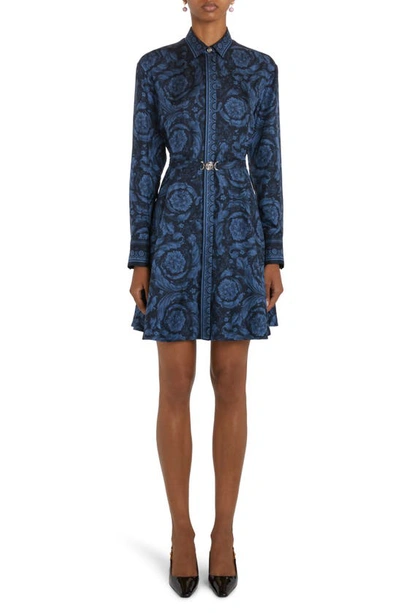 Versace Barocco-print Belted Mini Dress In Navy Blue