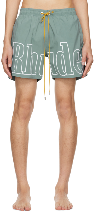 Rhude Green Printed Swim Shorts In Grey