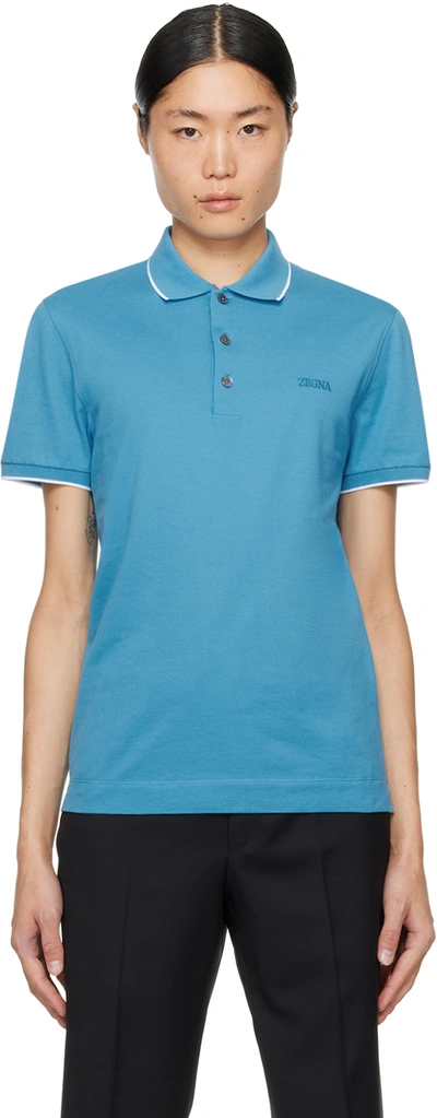 Zegna Blue Embroidered Polo In A05