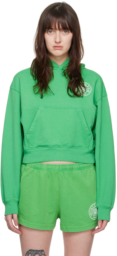 Sporty And Rich Connecticut Crest Cropped Printed Cotton-jersey Hoodie In Verde/white