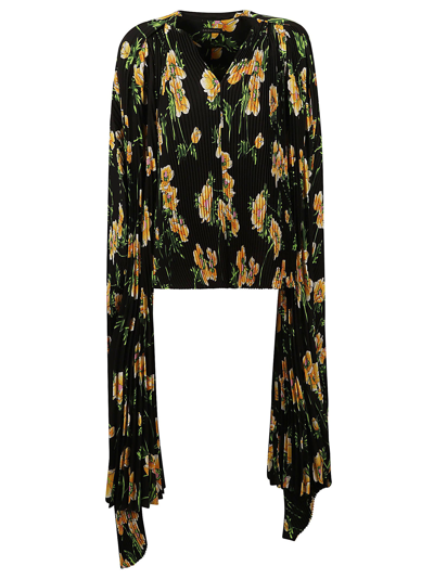 Balenciaga Pleated Floral Print Long Sleeve Blouse In Black/yellow