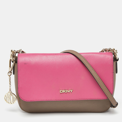 Pre-owned Dkny Beige/pink Leather Bryant Park Flap Crossbody Bag