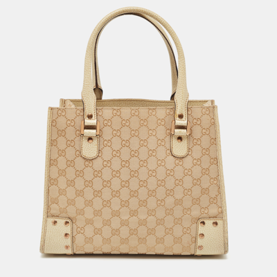 Pre-owned Gucci Beige/cream Gg Canvas And Leather Studded Tote
