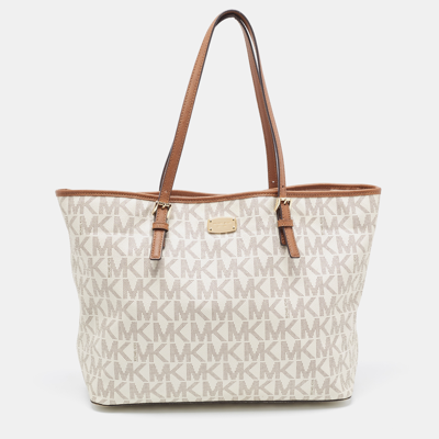 Pre-owned Michael Michael Kors Michael Michael Brown/off White Signature Coated Canvas Large Jet Set Travel Tote