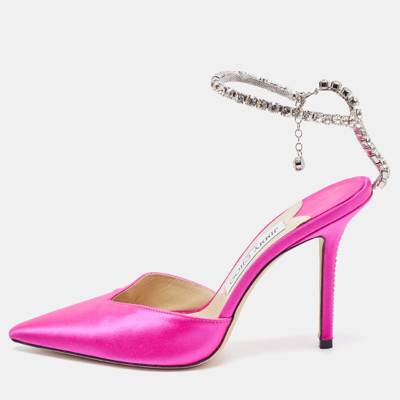 Pre-owned Jimmy Choo Pink Satin Saeda Crystals Ankle Strap Pumps Size 37.5