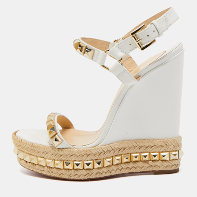 Pre-owned Christian Louboutin White Leather Studded Cataclou Espadrille Wedge Sandals Size 38