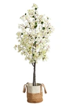 Nearly Natural 6ft Artificial Bougainvillea Tree With Handmade Basket In White