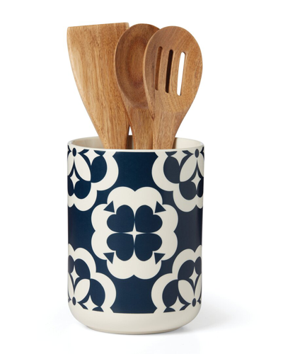 Kate Spade New York Elegant Geo Utensil Crock With Wood Utensils In Blue