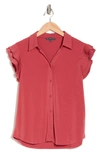 ADRIANNA PAPELL PLEATED CAP SLEEVE BUTTON-UP SHIRT