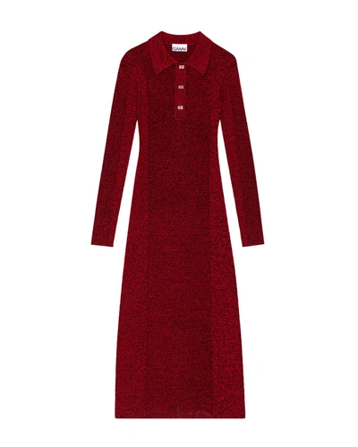 Ganni Melange Rib Long Sleeve Polo Dress In High Risk Red