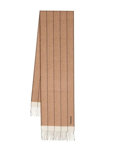 Ferragamo Tan Stripe Scarf In Camel