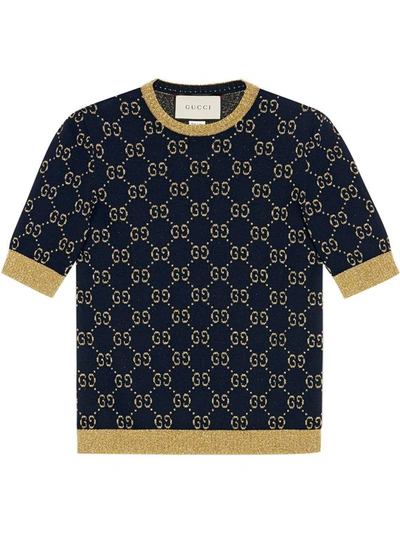 Gucci Gg Supreme Cotton & Lurex Knit Sweater In Blue,gold