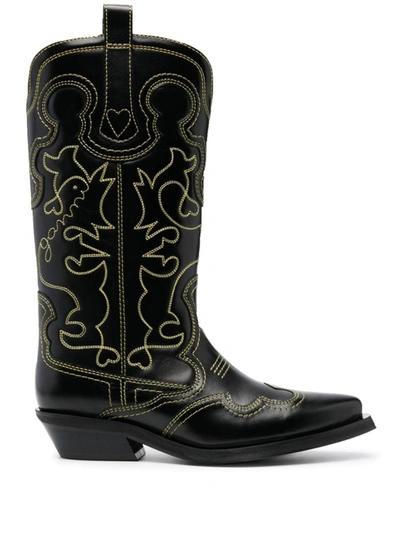 GANNI GANNI EMBROIDERED LEATHER WESTERN BOOTS