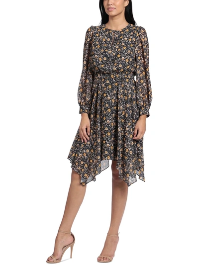 London Times Petites Womens Floral Long Sleeves Fit & Flare Dress In Multi