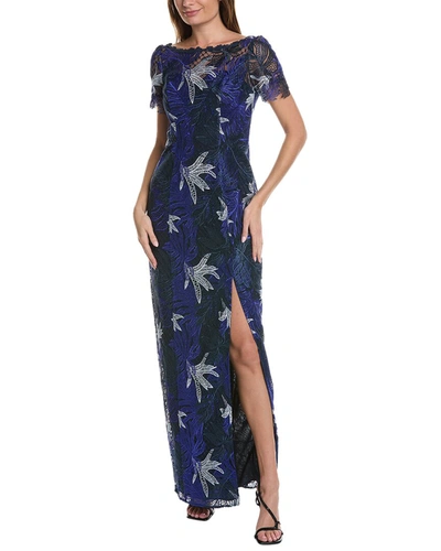 Marchesa Notte Floral Gown In Blue