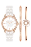 Anne Klein Crystal Embellished Three-hand Quartz Ceramic Bracelet Watch & Bracelet Set In Rose Gold