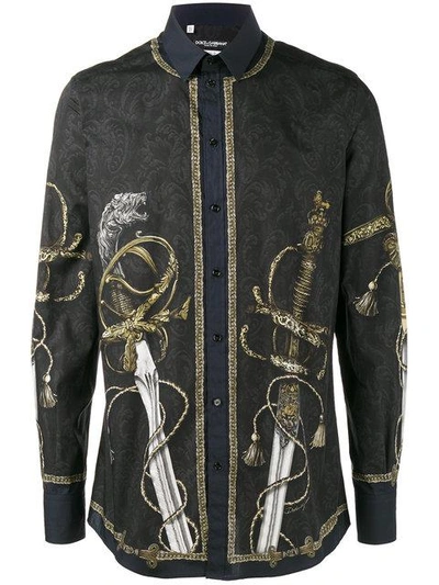 Dolce & Gabbana Sword Printed Cotton Poplin Shirt In Black