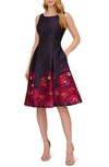 Adrianna Papell Metallic Floral Border Fit Flare Jacquard Dress In Navy Pink Multi