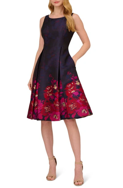 Adrianna Papell Metallic Floral Border Fit Flare Jacquard Dress In Blue