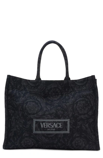 Versace Extra Large Logo Embroidered Barocco Jacquard Tote In Black Black  Gold