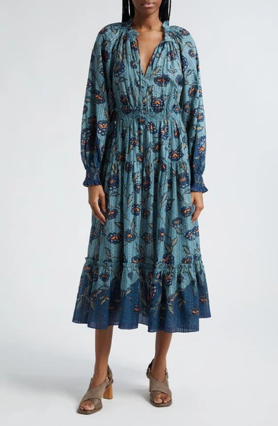 ULLA JOHNSON KATERNIA FLORAL LONG SLEEVE COTTON BLEND MAXI DRESS