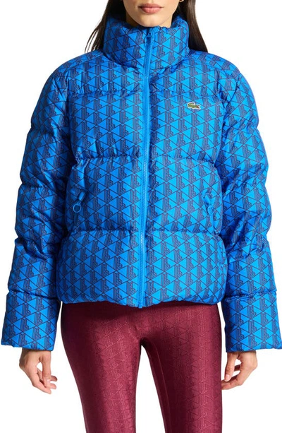 Lacoste Women's Hooded Monogram Print Puffer Jacket With Puffed Croc - 44 In Blue