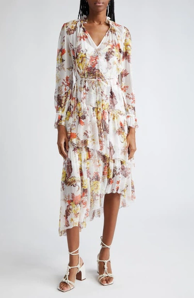 Zimmermann Womens Ivory Tropical Floral Floral-print Tiered-hem Woven Midi Dress