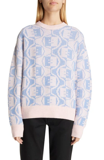 Acne Studios Katch Face Logo Two-tone Wool & Cotton Sweater In Faded_pink_melange_light_blue