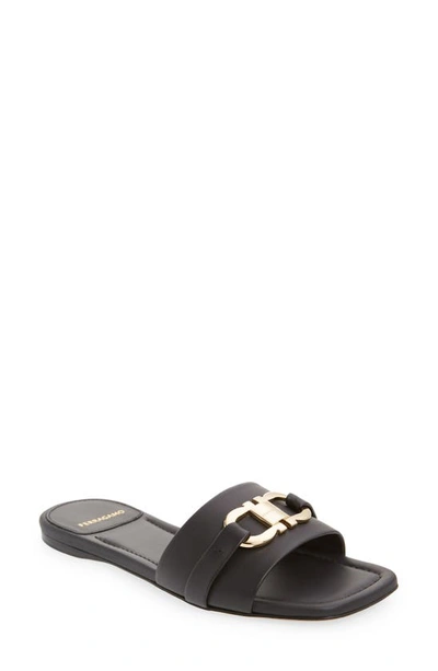 Ferragamo Leah Gancini Bit Leather Slide Sandals In Black