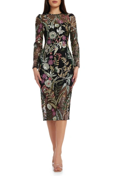 Dress The Population Sophia Floral Sequin Midi Dress In Black Multi