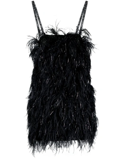 Msgm Square-neck Ostrich-feather Minidress In Black