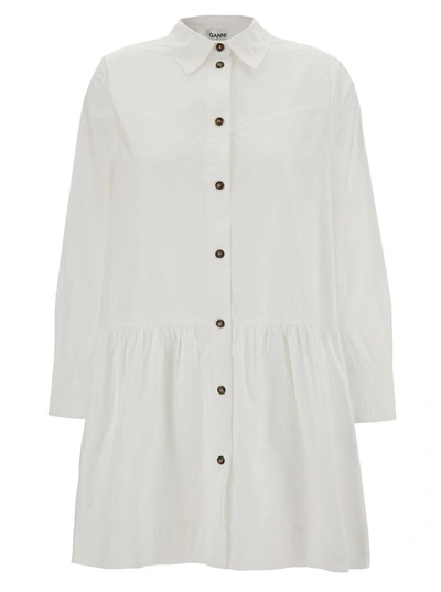 GANNI MINI WHITE SHIRT DRESS WITH FLARED SKIRT IN COTTON WOMAN