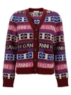 GANNI MULTICOLOR CARDIGAN WITH ALL-OVER LOGO MOTIF IN WOOL BLEND WOMAN