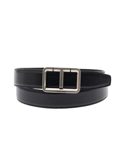 Tom Ford T Shiny Leather Belt With Silver Buckle In Black