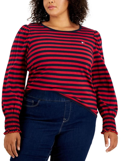 Tommy Hilfiger Plus Size Striped Smocked-cuff Top In Red