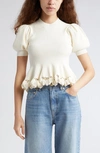 Ulla Johnson Esma Short-sleeve Embellished Peplum Sweater In Alabaster