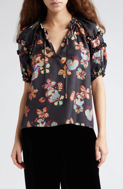 ULLA JOHNSON ANNABELLE FLORAL PRINT PUFF SLEEVE SILK TOP