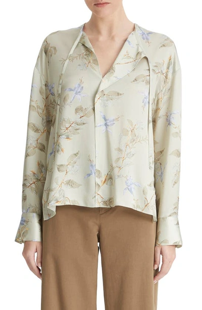 Vince Floral Silk Draped Tie-neck Blouse In Mint Dust