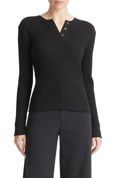 Vince Cotton Blend Rib Henley Jumper In Black