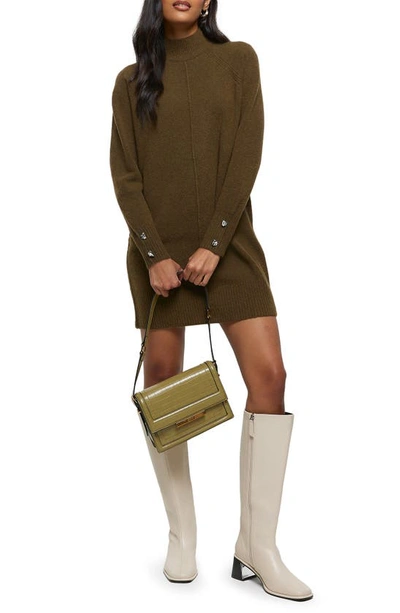 River Island Long Sleeve Mock Neck Jumper Dress In Khaki