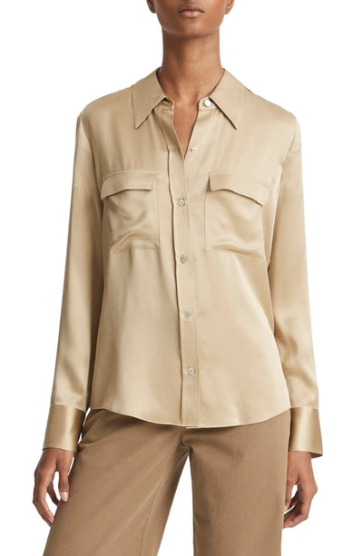 Vince Flap-pocket Regular-fit Silk Shirt In Beige Stone